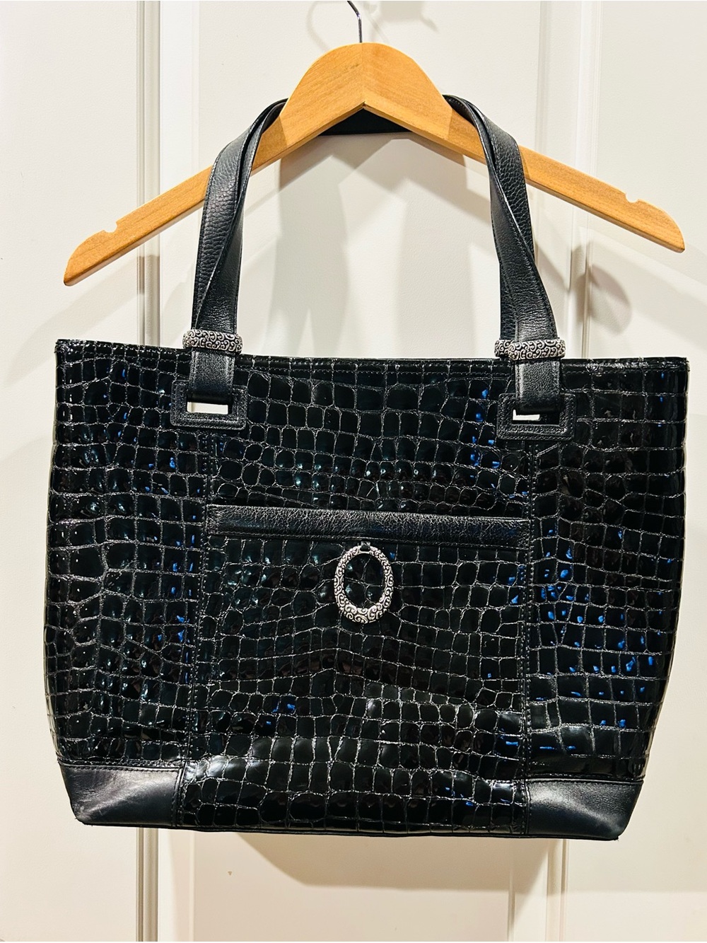 Brighton Jetson Black Patent Leather Tote Shoulder Bag Laptop Silver Accents